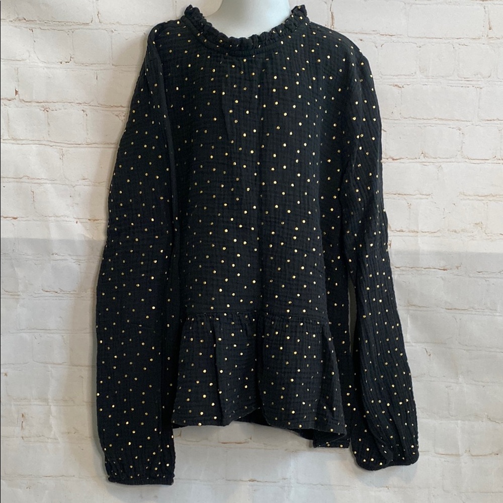 Cat & Jack Black Soft Crepe Cotton Gold Polka Dot Peplum Top Blouse